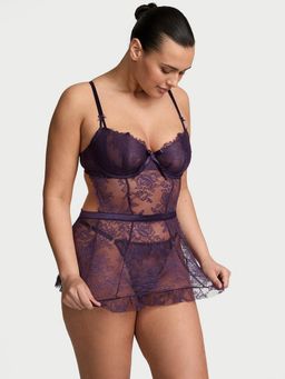 Victoria's Secret - Purple Self Design Regular Babydoll and Thong (Set of 2)