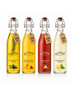 Kilner - 1L Square Clip Top Glass Bottle Set of 4 for Oil, Juice and Sauce, Airtight Storage