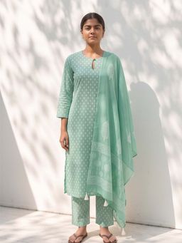 MAAND - Women Pure Cotton Straight Kurta & Pant With Dupatta