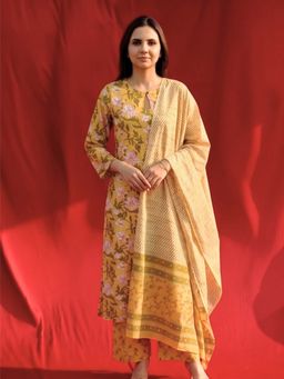 MAAND - Women Pure Cotton Straight Kurta & Pant With Dupatta