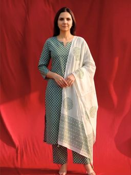 MAAND - Women Cotton Blend Straight Kurta & Pant With Dupatta