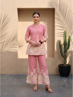 IMANA - Women Pure Cotton Pink Mandarin Collar Pant Co-Ord Set