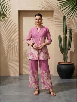 IMANA - Women Pure Cotton Pink Mandarin Collar Pant Co-Ord Set