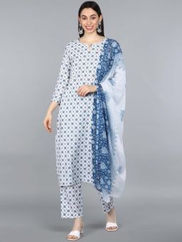 Vaamsi - White Polyester Printed Straight Kurta Pant With Dupatta