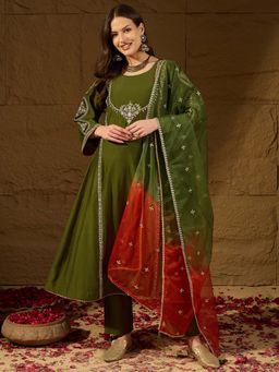 Vaamsi - Olive Silk Blend Embroidered A-Line Kurta Pant With Dupatta