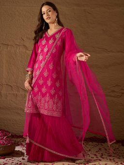 Vaamsi - Pink Silk Blend Embroidered Straight Kurta Sharara With Dupatta