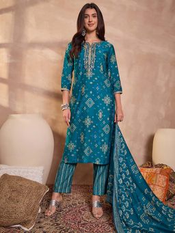 Vaamsi - Silk Blend Printed Blue Kurta And Pant With Dupatta