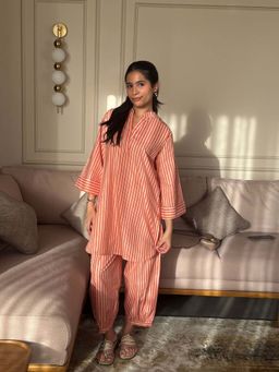 The Quince Life - Coral Stripes Straight Co- Ord Sets