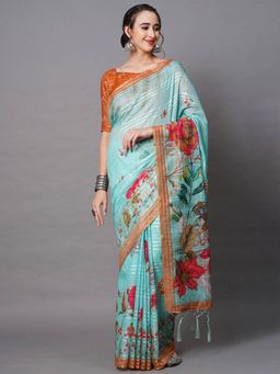 Odette - Blue Festive Linen Blend Printed Saree with Unstitched Blouse