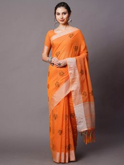 Odette - Orange Festive Linen Blend Embroidered Saree with Unstitched Blouse