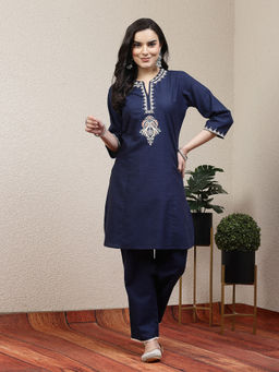 Nayam by lakshita - Women Navy Blue Embroidered Kurta and Pant (Set of 2)