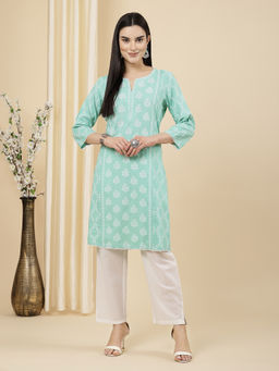 Nayam by lakshita - Womens Sea Green Rayon Khadi Print Kurta and Pant (Set of 2)