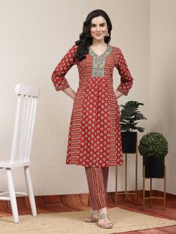 Nayam by lakshita - Red A-Line Printed- Embroidered Kurta and Pant (Set of 2)