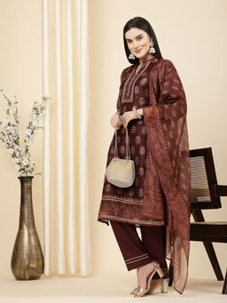 Nayam by lakshita - Maroon A-Line Printed Kurta with Pant and Dupatta (Set of 3)