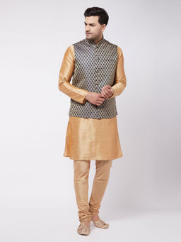 Vastramay - Men's Rose Gold Silk Blend Jacket & Kurta And Pyjama (Set of 3)