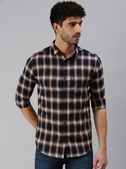 SHOWOFFFF - Men Roll-Up Sleeves Navy Blue Gingham Checks Shirt
