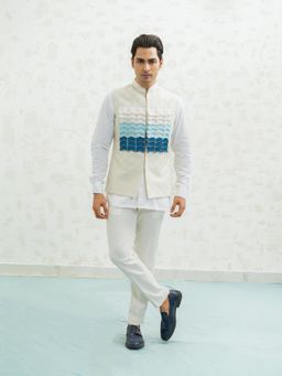 Runit Gupta - Blue Ombre Flap Kurta with Nehru Jacket and Pyjama