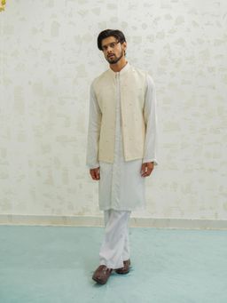 Runit Gupta - Cream Button Kurta with Pyjama and Nehru Jacket