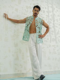 Runit Gupta - Blue Cutwork Floral Nehru Jacket