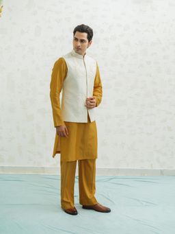 Runit Gupta - Dusty Ivory Contour Kurta with Pyjama and Nehru Jacket
