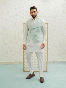 Runit Gupta - Flap Palm Blue Kurta with Pyjama and Nehru Jacket