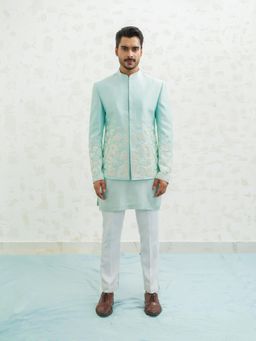 Runit Gupta - Amoeba Blue Sherwani with Kurta and Pant
