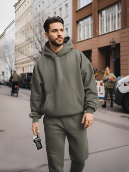 Fitkin - Men Fleece Relaxed Fit Pullover Olive Hoodie