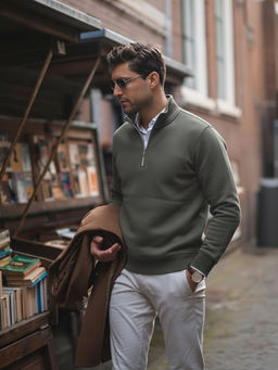 Fitkin - Men High Neck Active Ease Olive Sweatshirt