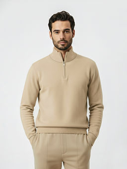 Fitkin - Men High Neck Active Ease Beige Sweatshirt