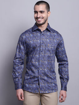 Cantabil - Mens Printed Navy Blue Casual Shirt