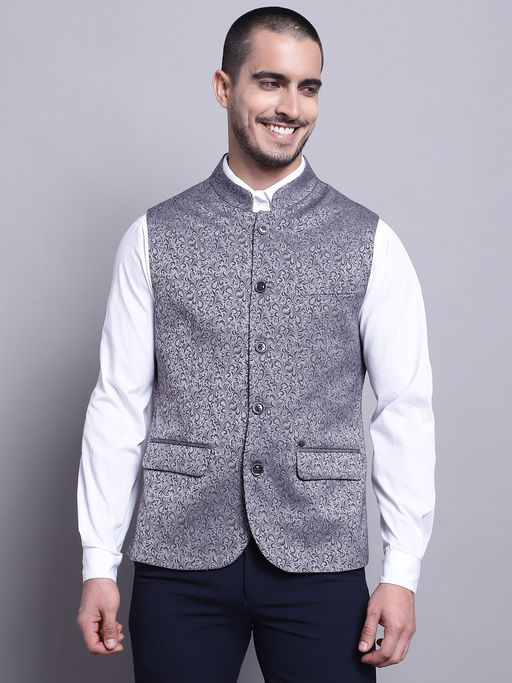 Cantabil Mens Printed Grey Waist Coat