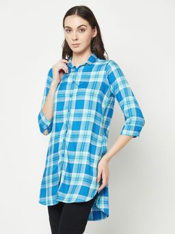 CRIMSOUNE CLUB - Women Turquoise Checked Shirt
