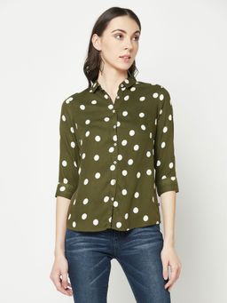 CRIMSOUNE CLUB - Women Olive Polka Dots Shirt
