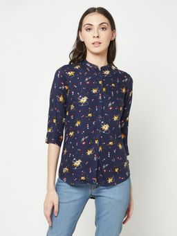 CRIMSOUNE CLUB - Women Navy Blue Floral Shirt