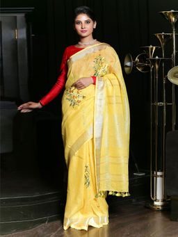 Beatitude - Yellow Handwoven Linen Embroidered Saree Unstitched Blouse