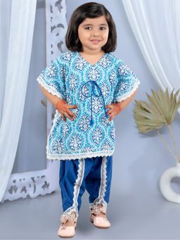 Junitos - Girls Blue Ethnic Print Waist Tie-Up Cotton Kaftan with Dhoti (Set of 2)