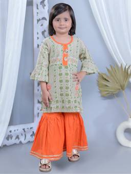 Junitos - Girls Beige Printed Straight Pure Cotton Kurti with Sharara (Set of 2)