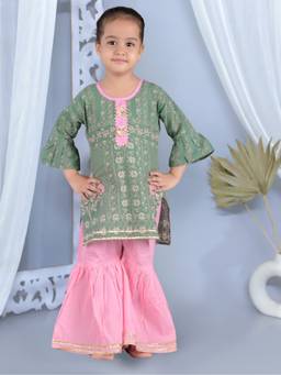 Junitos - Girls Green Printed Straight Pure Cotton Kurti with Sharara (Set of 2)