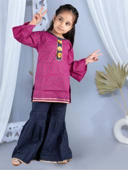 Junitos - Girls Pink Printed Straight Pure Cotton Kurti with Sharara (Set of 2)