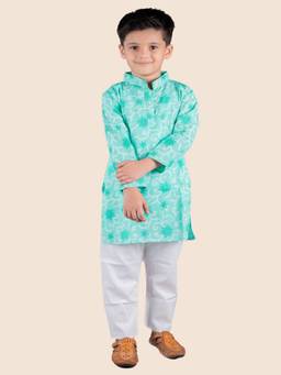 Junitos - Boys Green Cotton Printed Straight Kurta with Pyjama (Set of 2)