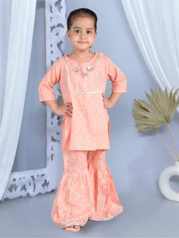 Junitos - Girls Orange Printed Straight Viscose Kurti with Sharara (Set of 2)