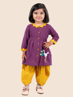 Junitos - Girls Purple Pure Cotton Full Sleeve Embroidered Kurta with Dhoti (Set of 2)