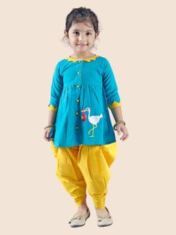 Junitos - Girls Turquoise Green Full Sleeve Embroidered Kurta with Dhoti (Set of 2)