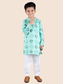 Junitos - Boys Green Cotton Printed Kantha Kurta with Pyjama (Set of 2)