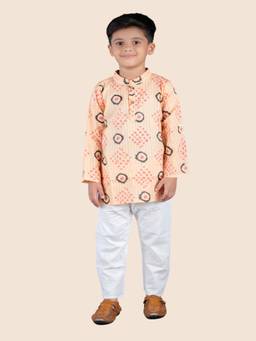 Junitos - Boys Orange Cotton Printed Kantha Kurta with Pyjama (Set of 2)