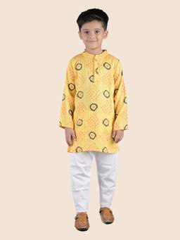 Junitos - Boys Yellow Cotton Printed Kantha Kurta with Pyjama (Set of 2)