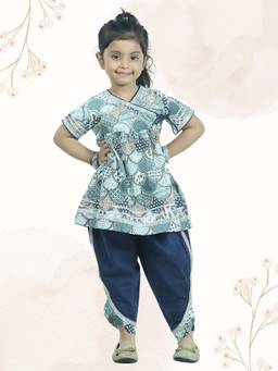Junitos - Girls Blue Pure Cotton Printed Angarkha Kurta with Dhoti (Set of 2)