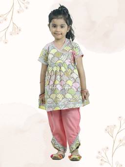 Junitos - Girls Yellow Pure Cotton Printed Angarkha Kurta with Dhoti (Set of 2)