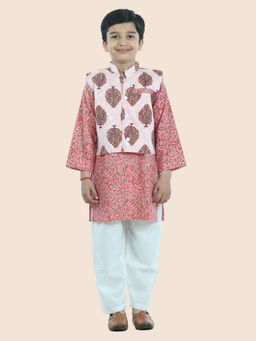 Junitos - Boys Pink Cotton Printed Kurta Pyjama with Jacket (Set of 3)