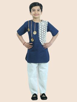 Junitos - Boys Navy Blue Cotton Embellished with Lace Work Kurta and Pyjama (Set of 2)